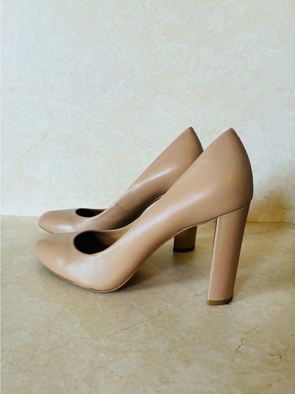 Vince Camuto Tan Almond Toe Block Heel Pumps